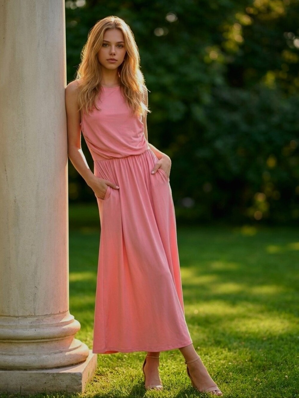 Grace Karin Coral Peachy Pink Sleeveless Maxi Dress